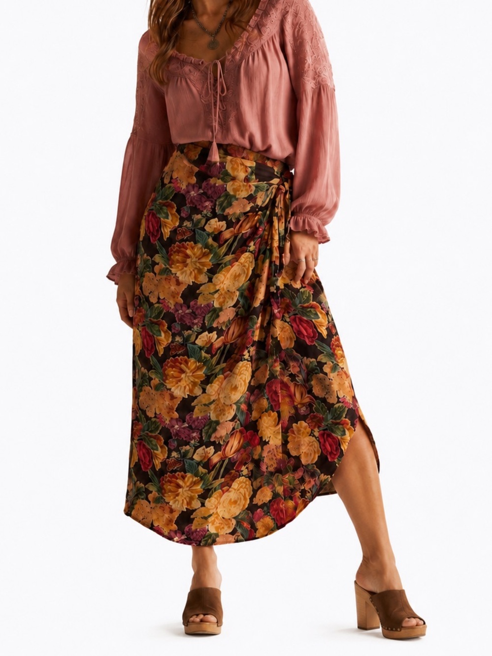Phool Vintage Y2K Moody Fall Floral True Wrap Midi Skirt Medium 100% Rayon